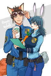  1boy alternate_costume animal_ears bad_id bad_pixiv_id blue_eyes breasts byleth_(female)_(fire_emblem) byleth_(fire_emblem) claude_von_riegan closed_mouth commentary_request cosplay couple dark-skinned_male dark_skin female fire_emblem fire_emblem:_three_houses fox_ears fox_tail gloves green_eyes highres judy_hopps judy_hopps_(cosplay) large_breasts medium_hair nick_wilde nick_wilde_(cosplay) open_mouth parody police police_uniform policewoman rabbit_ears rabbit_tail short_hair straight tail tanimadayo uniform zootopia 