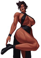  absurdres black_hair bracelet breasts commentary commission dark-skinned_female dark_skin dress english_commentary female high_heels highres huge_breasts jewelry leg_lift looking_at_viewer original purple_eyes solo sotcho 