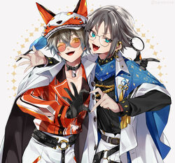  2boys animal_ear_headwear animal_ears belt black_belt black_gloves blue_eyes brown_hair collarbone cosplay costume_switch earrings fake_animal_ears fishnet_gloves fishnets gloves hair_behind_ear heart heart_hands heart_hands_duo holding holding_magnifying_glass ike_eveland ike_eveland_(1st_costume) ike_eveland_(cosplay) jacket jacket_on_shoulders jewelry leaning_forward magnifying_glass male_focus multiple_boys mysta_rias mysta_rias_(1st_costume) mysta_rias_(cosplay) nijisanji nijisanji_en oerba_yun_fang one_eye_closed orange_shirt pants quill round_eyewear sayu_(24nnn214e) shirt smile sunglasses virtual_youtuber white_jacket white_pants 