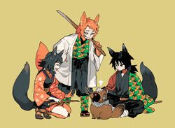  2boys ^_^ animal animal_ears animalization black_hair black_legwear branch closed_eyes clothed_animal commentary_request earrings female flipped_hair floral_print fox_boy fox_ears fox_girl fox_mask fox_tail geta grey_eyes hakama hakama_pants hakama_skirt hand_on_own_hip haori holding holding_sword holding_weapon jacket jacket_on_shoulders japanese_clothes jewelry kamado_tanjirou kemonomimi_mode kimetsu_no_yaiba kimono laughing leaning_forward leg_wrap looking_at_another looking_down makomo_(kimetsu) mask mouth_hold multiple_boys newo_(shinra-p) orange_hair orange_kimono pants petting profile raccoon sabito_(kimetsu) sash scar scar_on_cheek scar_on_face scarf short_kimono simple_background sitting skirt sleeves_past_wrists smile squatting standing sword tabi tail tomioka_giyuu weapon yellow_background 