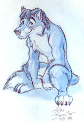  2001 anthro black_claws black_hair black_nose blue_body blue_fur canid canine canis claws colored_pencil_(artwork) crouching eyebrows full-length_portrait fur hair herbie_bearclaw hindpaw male mammal nude paws pen_(artwork) portrait signature smile smile_lines snout solo tail traditional_media_(artwork) whisker_spots white_body white_fur wolf 