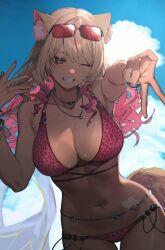  absurdres albino_(a1b1n0623) animal_ears animal_print bare_shoulders belly_chain bikini blonde_hair blue_sky bracelet breasts brown_eyes cleavage collarbone dark-skinned_female dark_skin eyewear_on_head fate/grand_order fate_(series) female fox_ears fox_girl fox_tail gradient_hair grin highres jewelry large_breasts leopard_print long_hair looking_at_viewer multicolored_hair navel necklace one_eye_closed pink_bikini pink_hair sidelocks sky smile solo sunglasses suzuka_gozen_(fate) suzuka_gozen_(swimsuit_rider)_(fate) suzuka_gozen_(swimsuit_rider)_(second_ascension)_(fate) swimsuit tail tan 