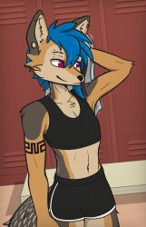  absurd_res anthro athletic athletic_female atlas_jkb blue_hair bodily_fluids brown_body brown_fur canid canine canis clothed clothing countershading coyote ear_piercing eyebrow_piercing facial_piercing female flat_chested fur hair hi_res mammal piercing red_eyes solo sweat tan_body tan_fur towel 