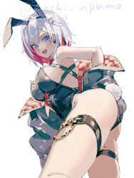  absurdres alternate_costume animal_ears armpits ass bare_shoulders black_jacket blue_eyes breasts colored_inner_hair cowboy_shot fake_animal_ears fake_tail female from_side hair_between_eyes highres honkai:_star_rail honkai_(series) jacket large_breasts looking_at_viewer mochi_upamo mole mole_on_thigh multicolored_hair open_mouth playboy_bunny rabbit_ears rabbit_tail red_hair short_hair sideboob smile solo tail thigh_strap thighs topaz_(honkai:_star_rail) white_background white_hair 