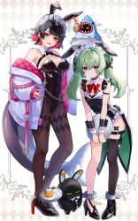  2girls alternate_costume animal_ears bangboo_(zenless_zone_zero) bare_shoulders black_footwear black_hair black_leotard black_pantyhose black_thighhighs breasts candy cleavage closed_mouth corin_wickes ellen_joe fake_animal_ears fake_tail fins fish_tail food food_in_mouth green_hair hair_between_eyes hair_ornament high_heels highres leotard lollipop long_hair looking_at_viewer mugita_(mokankan) multiple_girls open_mouth pantyhose playboy_bunny purple_eyes rabbit_ears rabbit_tail red_eyes shark_girl shark_tail sharkboo_(zenless_zone_zero) short_hair single_thighhigh standing tail thighhighs two_side_up zenless_zone_zero 