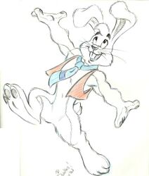  anthro blue_necktie buckteeth clothed clothing colored_pencil_(artwork) featureless_crotch full-length_portrait fur happy head_tuft herbie_bearclaw hindpaw jumping lagomorph leporid looking_up male mammal necktie open_clothing open_mouth open_smile open_topwear open_vest pawpads paws portrait rabbit red_clothing red_topwear red_vest scut_tail short_tail simple_background smile solo spread_arms tail teeth topwear traditional_media_(artwork) tuft vest whiskers white_background white_body white_fur 