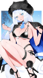  absurdres animal_ears bikini black_bikini black_hat black_jacket blue_eyes blush bracelet breasts cat_ears cat_girl cat_tail cleavage detached_collar dobrynya_nikitich_(fate) dobrynya_nikitich_(swimsuit_lancer)_(fate) fate/grand_order fate_(series) female fur-trimmed_headwear fur_trim hat high_heels highres jacket jacket_on_shoulders jewelry large_breasts long_hair looking_at_viewer necktie open_mouth solo swimsuit tail thighs tsunami_samemaru white_hair 