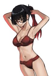  adjusting_hair arms_behind_back black_hair bra breasts collarbone commentary dot_(reze_(rewindze)) dutch_angle ear_piercing female glasses gradient_hair highres multicolored_hair navel original panties piercing ponytail red_bra red_eyes red_hair red_panties reze_(rewindze) simple_background solo standing symbol-only_commentary two-tone_hair underwear underwear_only white_background white_panties 