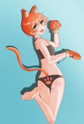  animal_ears animal_hands breasts cat_ears cat_lingerie cat_tail feet gloves green_eyes highres hoshizora_rin love_live! meme_attire orange_hair paw_gloves small_breasts tail 