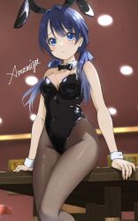  alternate_costume amamiya_(re-amamiya) artist_name black_bow black_bowtie black_leotard blue_eyes blue_hair blue_ribbon blurry blurry_background bow bowtie breasts brown_pantyhose bunny_day cleavage closed_mouth collarbone commentary_request covered_navel dark_blue_hair detached_collar feet_out_of_frame female hair_ribbon hands_on_table highres indoors leaning_on_table leotard link!_like!_love_live! long_hair looking_at_viewer love_live! low_twintails medium_breasts mole mole_on_neck murano_sayaka pantyhose playboy_bunny ribbon signature solo strapless strapless_leotard twintails virtual_youtuber white_sleeve_cuffs 