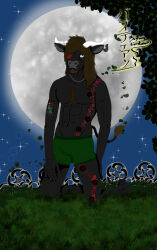  1_eye absurd_res animal_humanoid anthro bailey_walker bastianlionheart beard body_hair bovid bovid_humanoid bovine brown_hair cattle chest_hair facial_hair feet hair handmade hi_res horn humanoid humanoid_feet humanoid_hands light male mammal mammal_humanoid moon moonlight muscular muscular_male plantigrade solo tattoo 