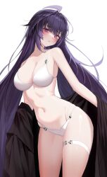  :o absurdres ahoge bare_legs bare_shoulders bikini black_robe breasts collarbone commentary cowboy_shot female highres honkai_(series) honkai_impact_3rd jinnnnnn23 large_breasts long_hair looking_at_viewer navel purple_eyes purple_hair raiden_mei robe solo stomach swimsuit thighs very_long_hair white_background white_bikini 