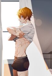  1boy black_male_underwear blue_eyes bulge clothes_lift earrings eriimyon genshin_impact hair_between_eyes highres jewelry male_focus male_underwear midriff orange_hair scar shirt shirt_lift short_hair single_earring solo t-shirt tartaglia_(genshin_impact) underwear undressing white_shirt 