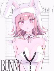  absurdres animal_ears blush breasts brown_hair danganronpa_(series) danganronpa_2:_goodbye_despair detached_collar fake_animal_ears female galaga hair_ornament highres leotard looking_at_viewer medium_hair nanami_chiaki neck_ribbon no_mole playboy_bunny rabbit_ears ribbon solo spaceship_hair_ornament strapless strapless_leotard su_no_(su_no090) 