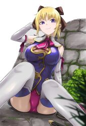  absurdres arm_behind_head arm_ribbon black_ribbon blonde_hair breasts brick_wall bush cassandra_alexandra closed_mouth elbow_gloves female gloves green_eyes hair_ribbon highres large_breasts necktie panties pink_necktie purple_panties purple_ribbon ribbon short_hair sitting smile solo soulcalibur soulcalibur_iv tea_(nakenashi) thighhighs underwear white_gloves white_thighhighs 