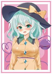  black_hat blush breasts collared_shirt ganon_capybara green_eyes green_hair hat highres komeiji_koishi large_breasts shirt smile standing straight-on torso touhou yellow_shirt 