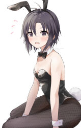  animal_ears antenna_hair black_eyes black_hair black_leotard black_pantyhose bow bowtie breasts cowboy_shot detached_collar fishnet_pantyhose fishnets flying_sweatdrops idolmaster idolmaster_(classic) idolmaster_2 kikuchi_makoto leotard mogskg pantyhose playboy_bunny rabbit_ears rabbit_tail short_hair simple_background sitting small_breasts strapless strapless_leotard tail white_background wrist_cuffs 