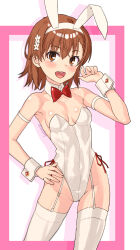  animal_ears bow bowtie brown_eyes brown_hair detached_collar female garter_straps hair_ornament hand_on_own_hip looking_at_viewer misaka_mikoto open_mouth playboy_bunny rabbit_ears raika9 red_bow red_bowtie short_hair simple_background solo thighhighs toaru_kagaku_no_railgun toaru_majutsu_no_index wrist_cuffs 