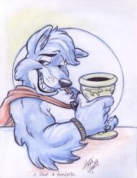  anthro beverage black_nose bracelet bust_portrait canid canine canis cape claws clothing colored_pencil_(artwork) container cup digit_ring eyebrows finger_claws finger_ring fur goblet grey_body grey_fur grin half-closed_eyes head_tuft herbie_bearclaw holding_beverage holding_goblet holding_object jewelry looking_at_viewer male mammal narrowed_eyes portrait red_cape red_clothing shaded signature smile smiling_at_viewer snout solo teeth traditional_media_(artwork) tuft whisker_spots white_body white_fur wolf 