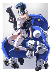  blue_hair border breasts cleavage commentary_request female ghost_in_the_shell gradient_background grey_background gun highres holding holding_gun holding_weapon kusanagi_motoko leotard looking_at_viewer medium_breasts orange_eyes serious short_hair tachikoma taiga_hiroyuki tanaka_atsuko weapon white_border 