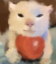  2024 ambiguous_gender apple black_eyes brush_strokes digital_media_(artwork) digital_painting_(artwork) domestic_cat felid feline felis feral flyingliam1125 food fruit fur head_on_object hi_res looking_at_viewer mammal meme plant quadruped redraw solo white_body white_fur 