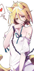  absurdres animal_ear_fluff animal_ears bags_under_eyes bandaid bandaid_on_arm blonde_hair chains female fox_ears fox_girl fox_tail green_ribbons guming_diban hair_between_eyes highres kudamaki_tsukasa looking_at_viewer ribbon romper short_hair short_sleeves simple_background single_bare_shoulder single_wrist_cuff solo tail touhou undressing white_background white_romper wrist_cuffs yellow_eyes 