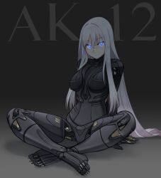  absurdres ak-12_(girls&#039;_frontline) ak-12_(mod3)_(girls&#039;_frontline) android arm_support arms_behind_back black_background blue_eyes character_name closed_mouth english_commentary female full_body girls&#039;_frontline glowing glowing_eyes gradient_background grey_background hair_between_eyes highres indian_style long_hair looking_at_viewer mechanical_arms mechanical_legs missileer scar scar_on_face scar_on_nose simple_background sitting solo unusually_open_eyes variant_set white_hair 