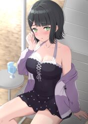  absurdres beach black_hair black_one-piece_swimsuit blunt_bangs blurry blurry_background blush breasts casual_one-piece_swimsuit chair cleavage collarbone commentary covered_navel cross-laced_clothes cross-laced_one-piece_swimsuit cup drinking_straw female flipped_hair food frilled_one-piece_swimsuit frills fruit green_eyes hair_ornament hairclip hand_rest hand_up highres jacket jacket_over_swimsuit large_breasts lemon lemon_slice link!_like!_love_live! long_sleeves looking_at_viewer lounge_chair love_live! momose_ginko off_shoulder official_alternate_costume official_alternate_hairstyle on_chair one-piece_swimsuit open_clothes open_jacket parted_lips polka_dot_one-piece_swimsuit purple_jacket shade short_hair sitting solo sweatdrop swimsuit virtual_youtuber zanpon 