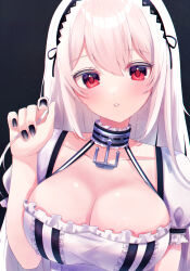  absurdres anchor_choker azur_lane black_background black_nails breasts cleavage collarbone female frills hair_between_eyes hairband highres junineu lace-trimmed_hairband lace_trim large_breasts looking_at_viewer nail_polish puffy_short_sleeves puffy_sleeves red_eyes short_hair short_sleeves simple_background sirius_(azur_lane) solo upper_body white_hair 