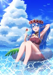  absurdres armpits bikini bird blue_eyes blue_hair breasts cleavage cloud cloudy_sky cup female fire_emblem fire_emblem:_the_binding_blade fire_emblem_heroes flower full_body hair_between_eyes hair_flower hair_ornament heppokop_61 highres holding holding_cup innertube lilina_(fire_emblem) lilina_(summer)_(fire_emblem) long_hair looking_at_viewer medium_breasts ocean official_alternate_costume on_innertube open_mouth partially_submerged red_bikini sky swim_ring swimsuit teeth transparent_innertube upper_teeth_only 