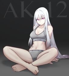  absurdres ak-12_(girls&#039;_frontline) arm_support arms_behind_back barefoot black_background bra breasts character_name cleavage closed_mouth collarbone english_commentary feet female full_body girls&#039;_frontline gradient_background grey_background grey_bra grey_pants hair_between_eyes highres indian_style medium_breasts missileer navel pants pink_eyes scar scar_on_face scar_on_nose sitting solo toes underwear underwear_only unusually_open_eyes variant_set white_hair 