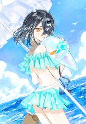  aqua_bikini aqua_skirt asa_(1asa-0-asa1) ass bare_shoulders beach beach_umbrella bikini black_hair blue_sky breasts brown_eyes character_doll fate/grand_order fate_(series) female hair_over_one_eye highres looking_at_viewer looking_back miniskirt mole mole_under_eye ocean short_hair skirt sky small_breasts solo swimsuit thighs umbrella xu_fu_(fate) xu_fu_(swimsuit_avenger)_(fate) xu_fu_(swimsuit_avenger)_(second_ascension)_(fate) yu_mei-ren_(fate) 