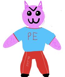  anthro black_clothing black_footwear black_shoes blue_clothing blue_shirt blue_topwear bottomwear clothing drawing footwear fur hi_res jogging_pants looking_at_viewer male pants pink_body pink_skin red_bottomwear red_clothing red_pants shirt solo t-pose topwear uniform yohshifans yoshifans 