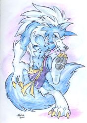  2000 abs anthro belt biceps big_hands black_nose black_pawpads blue_body blue_fur blue_inner_ear bottomwear canid canine canis claws clothed clothing colored_pencil_(artwork) digitigrade eyebrows fangs finger_claws full-length_portrait fur herbie_bearclaw hindpaw male mammal navel on_one_leg pawpads paws portrait purple_bottomwear purple_clothing purple_shorts sabertooth_(anatomy) shaded shorts shorts_only signature simple_background snout solo standing tail teeth toe_claws topless traditional_media_(artwork) white_body white_eyebrows white_fur wolf yellow_belt yellow_claws 