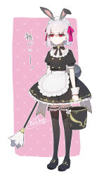  absurdres alternate_costume animal_ears apron black_dress black_thighhighs breasts brooch bucket buttons choker collarbone double-breasted dress duster enmaided fake_animal_ears fate/grand_order fate/grand_order_arcade fate_(series) feather_duster female frilled_choker frills full_body hair_ribbon highres jewelry kama_(fate) kama_(mistake)_(fate) kama_(mistake)_(second_ascension)_(fate) maid maid_headdress puffy_short_sleeves puffy_sleeves rabbit_ears red_eyes redrop ribbon short_hair short_sleeves small_breasts solo thighhighs translation_request waist_apron white_apron white_hair wrist_cuffs 