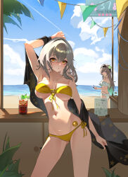  2girls absurdres alcohol arm_up armpits bare_legs beach bikini black_headband blue_sky breasts cloud cloudy_sky commentary commentary_request firefly_(honkai:_star_rail) glass green_bikini grey_hair hair_between_eyes headband highres holding holding_phone honkai:_star_rail honkai_(series) large_breasts looking_at_viewer menu multiple_girls navel ocean open_mouth phone sand sky stelle_(honkai:_star_rail) stomach summer swimsuit thighs trailblazer_(honkai:_star_rail) two-tone_eyes underboob water yellow_bikini yellow_eyes yuan_zhen 