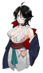  ahoge bare_shoulders black_choker black_hair blue_coat blue_eyes breasts choker cleavage coat commentary dress english_commentary female halterneck looking_at_viewer obi off_shoulder open_clothes open_coat original red_sash reze_(rewindze) sash short_hair sideboob simple_background sleeveless sleeveless_dress solo white_background white_dress 