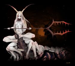  antennae arthropod_girl barefoot bident black_sclera blood blood_on_weapon breasts carapace centipede_girl colored_sclera commentary completely_nude english_commentary extra_legs female gorget grey_hair hair_censor highres holding holding_polearm holding_weapon kivo long_hair looking_at_viewer medium_breasts navel nude original pale_skin polearm ribs solo toes weapon yellow_eyes 