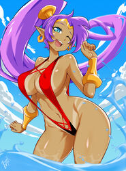  ;d alternate_costume bayeuxman bikini_tan blue_eyes blue_sky breasts dark-skinned_female dark_skin day earrings female high_ponytail highres hoop_earrings jewelry large_breasts long_hair navel one_eye_closed open_mouth outdoors pointy_ears purple_hair shantae shantae_(series) sky slingshot_swimsuit smile solo standing strap_gap swimsuit tan tanlines variant_set very_long_hair 