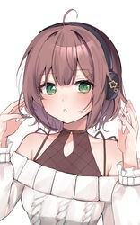  :o blush breasts brown_hair collarbone cowlick female green_eyes grey_sweater hair_ornament halterneck headphones highres looking_to_the_side marshall_maximizer_(cevio) medium_breasts miori_celesta miori_celesta_(2nd_costume) musical_note musical_note_hair_ornament off-shoulder_sweater off_shoulder parted_lips short_hair solo sumin_(rodia1221) sweater treble_clef tsunderia upper_body virtual_youtuber white_background 