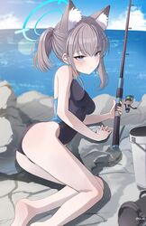  absurdres animal_ear_fluff animal_ears black_one-piece_swimsuit blue_archive blue_eyes breasts bucket commentary_request competition_swimsuit covered_navel cross_hair_ornament extra_ears feet_out_of_frame female fishing_rod gangbyeon grey_hair hair_ornament halo highres horizon korean_commentary looking_at_viewer low_ponytail lying medium_breasts medium_hair mismatched_pupils multicolored_clothes multicolored_swimsuit ocean official_alternate_costume on_side one-piece_swimsuit shiroko_(blue_archive) shiroko_(swimsuit)_(blue_archive) solo swimsuit wolf_ears 