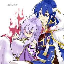  1boy armor aura bandana bare_shoulders blue_eyes blue_hair breasts corruption dark_persona female fire_emblem fire_emblem:_genealogy_of_the_holy_war gloves glowing hair_between_eyes half-siblings index_finger_raised julia_(fire_emblem) julia_(heart_usurped)_(fire_emblem) knees_up lipstick looking_at_viewer makeup mind_control ponytail purple_eyes red_eyes seliph_(fire_emblem) seliph_(scion_of_light)_(fire_emblem) siblings sitting slit_pupils smile sword thighhighs thighs weapon white_background yukia_(firstaid0) 