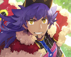  1boy baseball_cap black_hat cape champion_uniform commentary_request dark-skinned_male dark_skin facial_hair from_above fur-trimmed_cape fur_trim grin hat leon_(pokemon) long_hair looking_at_viewer male_focus pokemon pokemon_swsh purple_hair red_cape shirt smile solo teeth yellow_eyes zukki_(suzukio) 