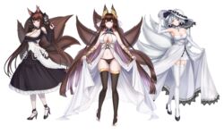  3girls absurdres akagi_(azur_lane) amagi_(azur_lane) animal_ears azur_lane breasts cleavage commentary commission cosplay dress formidable_(azur_lane) formidable_(azur_lane)_(cosplay) fox_ears fox_girl full_body high_heels highres illustrious_(azur_lane) illustrious_(azur_lane)_(cosplay) kaga_(azur_lane) large_breasts long_hair multiple_girls multiple_tails panties resuta showgirl_skirt simple_background tail thighs underwear very_long_hair victorious_(azur_lane) victorious_(azur_lane)_(cosplay) white_background 