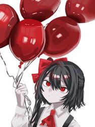  ascot asymmetrical_hair balloon black_hair bow closed_mouth collared_shirt commentary cookie_(touhou) expressionless female hair_between_eyes hairbow hirunebu_oekaki holding holding_balloon long_hair red_ascot red_bow red_eyes shirt side_ponytail simple_background siyudi_(cookie) solo suspenders symbol-only_commentary upper_body white_background white_shirt 