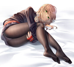  ass bed_sheet black_pantyhose black_shirt collared_shirt feet female ginklaga green_eyes gridman_universe hugging_own_legs long_hair long_sleeves looking_at_viewer lying minami_yume miniskirt no_shoes on_side panties panties_under_pantyhose pantyhose pleated_skirt shirt skirt sleeves_past_wrists soles solo ssss.dynazenon underwear white_shirt 