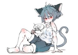  ahoge animal_humanoid blush bodily_fluids bottomwear breasts clothed clothing fan_usage fanning fanning_self feet female grey_hair hair hand_fan hi_res humanoid mammal mammal_humanoid medium_breasts mouse_humanoid murid murid_humanoid murine murine_humanoid nazrin red_eyes rodent rodent_humanoid sabitare short_hair shorts sitting soles solo sweat touhou 