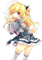  ahoge bad_id bad_pixiv_id blonde_hair blush breasts female hair_ribbon impossible_clothes large_breasts lena_liechtenauer long_hair looking_at_viewer one_eye_closed open_mouth photoshop_(medium) purple_eyes ribbon satsuki_misuzu senren_banka simple_background skirt solo star_(symbol) thighhighs white_background white_thighhighs 