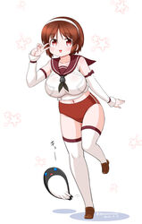  black_neckerchief breasts brown_buruma brown_hair brown_sailor_collar buruma commentary_request dated detached_sleeves female fish full_body hairband kantai_collection large_breasts masara_(chuujou) natori_(kancolle) navel neckerchief one-hour_drawing_challenge sailor_collar school_uniform serafuku shirt short_hair sleeveless sleeveless_shirt thighhighs twitter_username v v_over_eye white_hairband white_thighhighs 