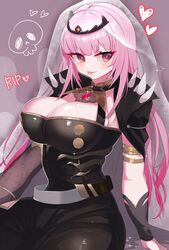  breasts cleavage commentary female highres hololive hololive_english large_breasts long_hair looking_to_the_side mori_calliope mori_calliope_(1st_costume) onikuman pink_eyes pink_hair skull solo tiara tongue tongue_out veil virtual_youtuber 